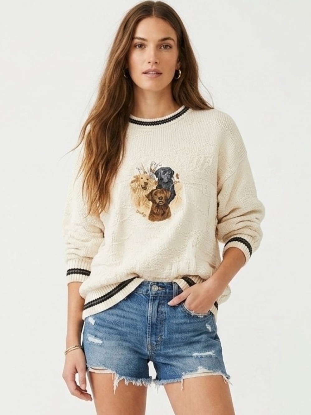 Vintage Chunky Embroidered Lab Dogs Textured Crewneck Sweater In Cream - LT